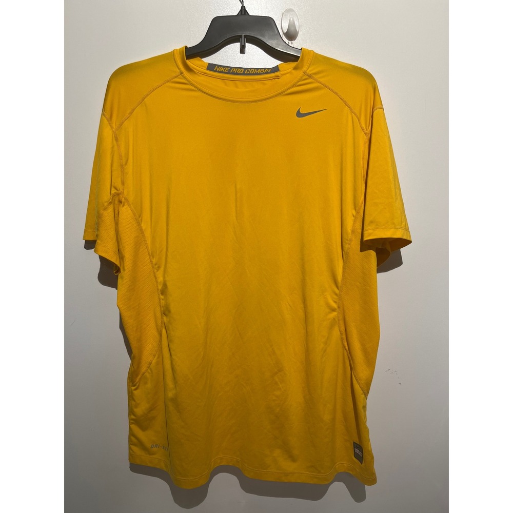 Nike Pro Combat Dri-FIT Shirt Mens XXL Yellow Short Sleeve Fitted Training Top